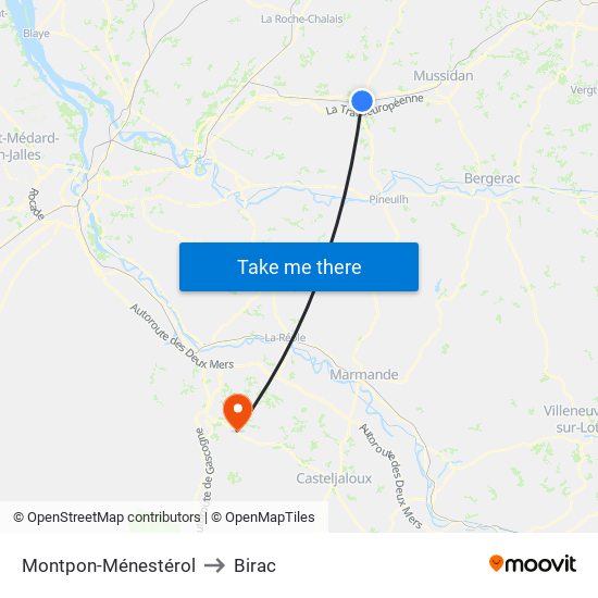 Montpon-Ménestérol to Birac map
