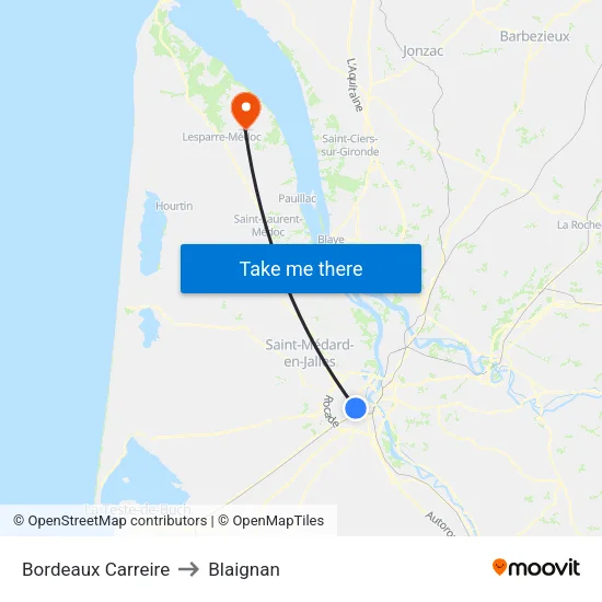 Bordeaux Carreire to Blaignan map