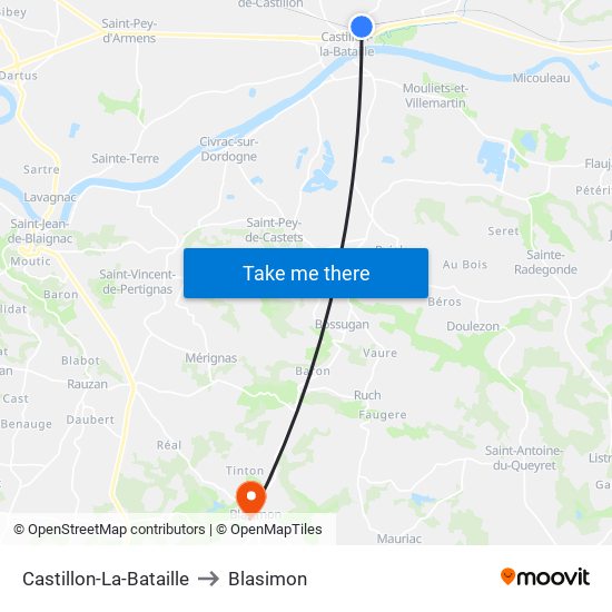 Castillon-La-Bataille to Blasimon map
