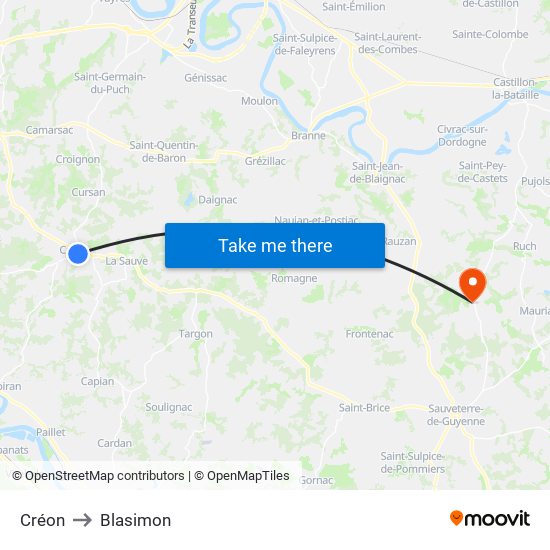 Créon to Blasimon map