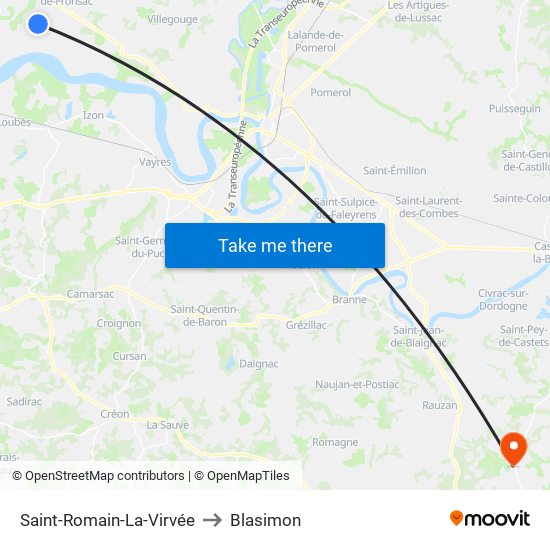 Saint-Romain-La-Virvée to Blasimon map