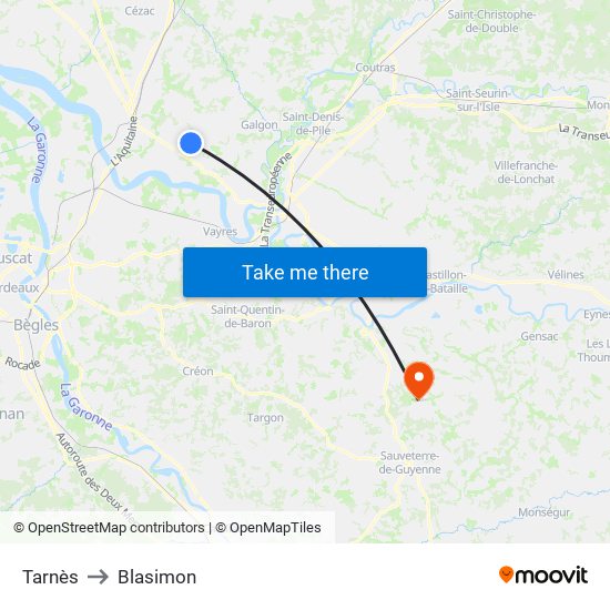 Tarnès to Blasimon map