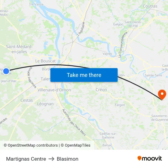 Martignas Centre to Blasimon map
