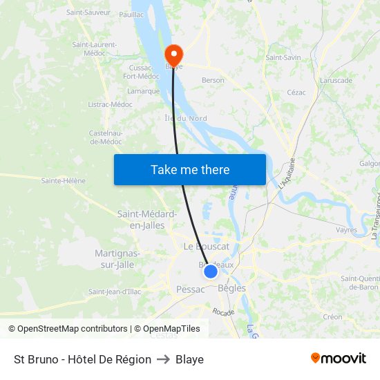 St Bruno - Hôtel De Région to Blaye map