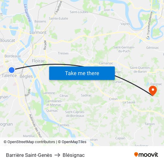 Barrière Saint-Genès to Blésignac map