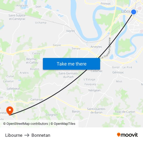 Libourne to Bonnetan map