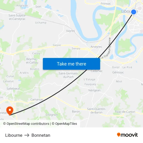 Libourne to Bonnetan map