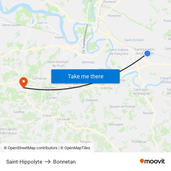 Saint-Hippolyte to Bonnetan map