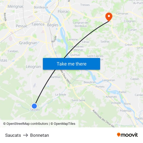 Saucats to Bonnetan map