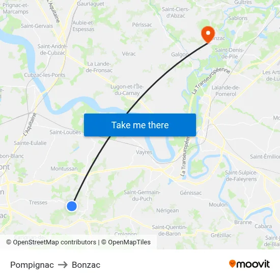 Pompignac to Bonzac map