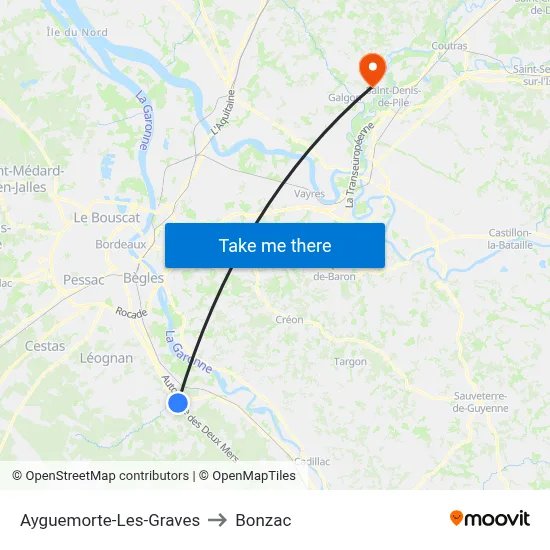 Ayguemorte-Les-Graves to Bonzac map