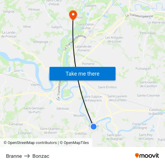 Branne to Bonzac map