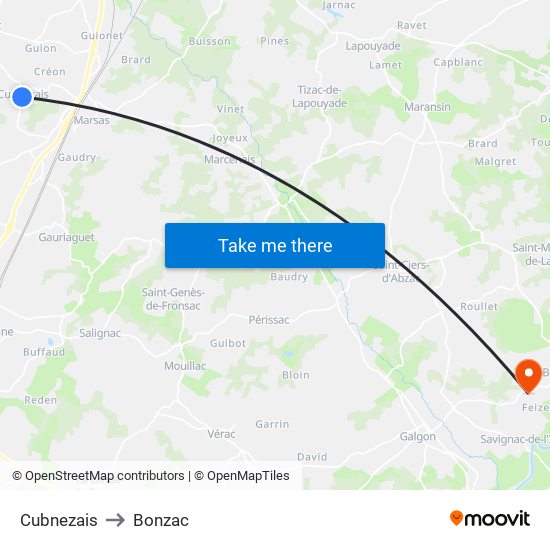Cubnezais to Bonzac map