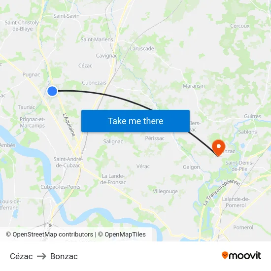 Cézac to Bonzac map