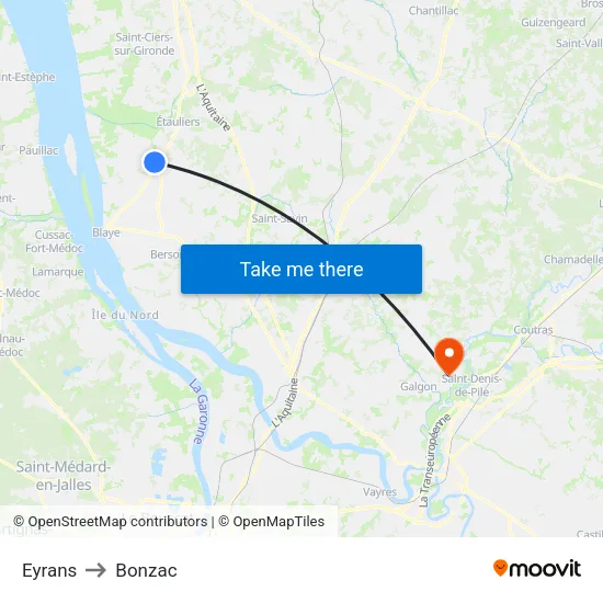 Eyrans to Bonzac map