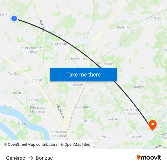 Générac to Bonzac map