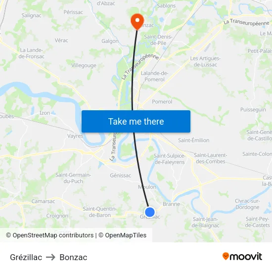 Grézillac to Bonzac map