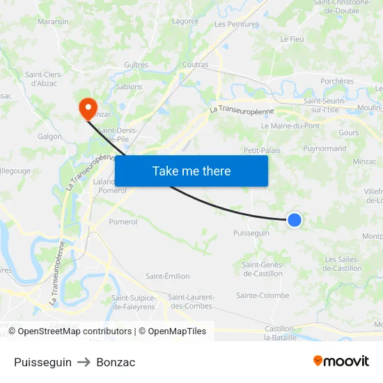 Puisseguin to Bonzac map
