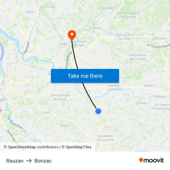 Rauzan to Bonzac map