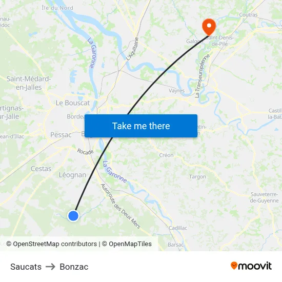 Saucats to Bonzac map