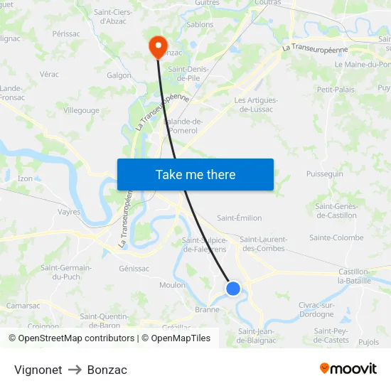 Vignonet to Bonzac map