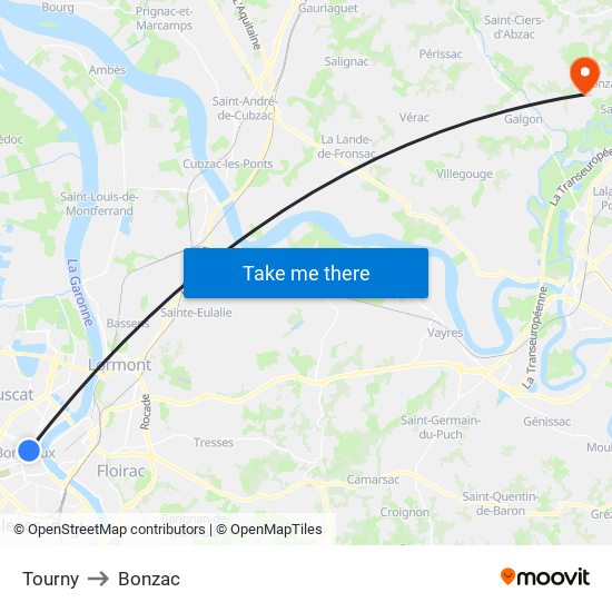 Tourny to Bonzac map