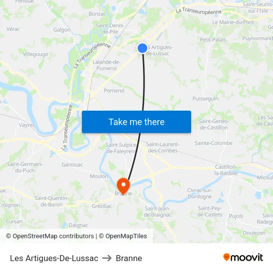 Les Artigues-De-Lussac to Branne map
