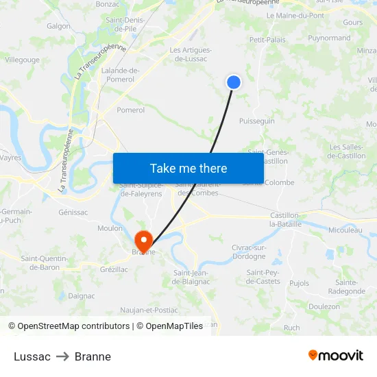 Lussac to Branne map