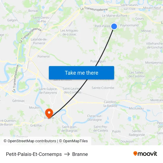 Petit-Palais-Et-Cornemps to Branne map