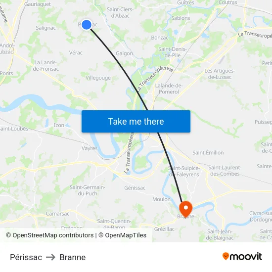 Périssac to Branne map