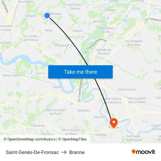 Saint-Genès-De-Fronsac to Branne map