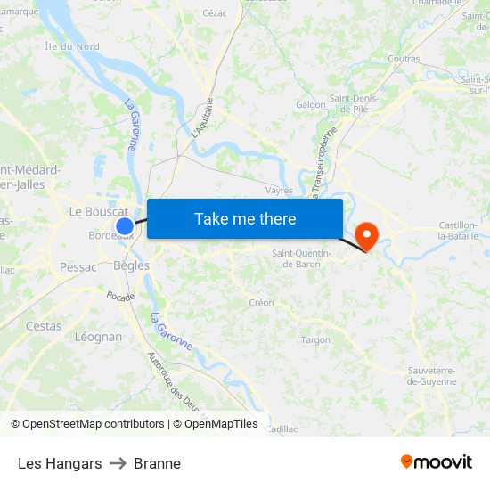 Les Hangars to Branne map
