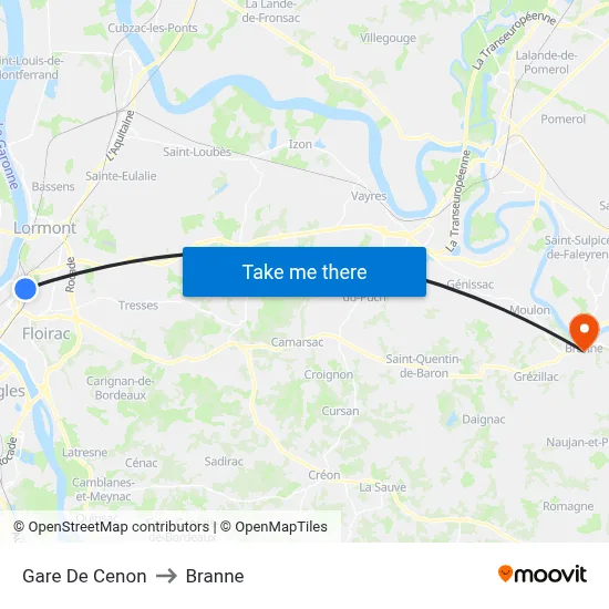 Gare De Cenon to Branne map