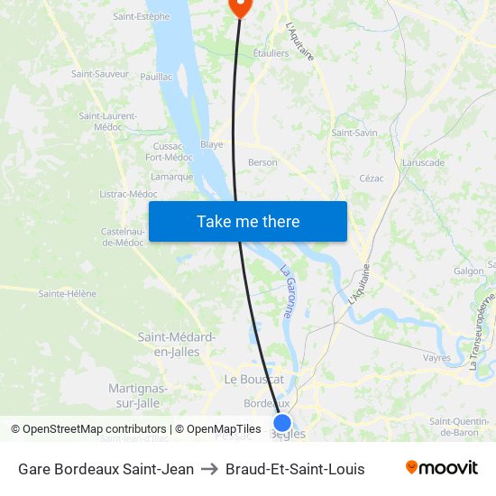 Gare Bordeaux Saint-Jean to Braud-Et-Saint-Louis map