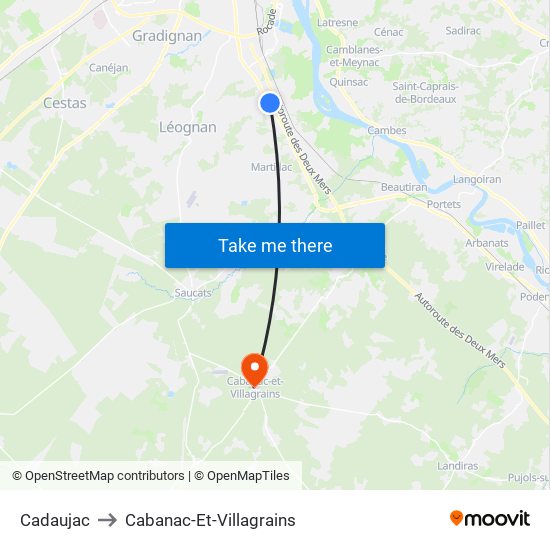 Cadaujac to Cabanac-Et-Villagrains map