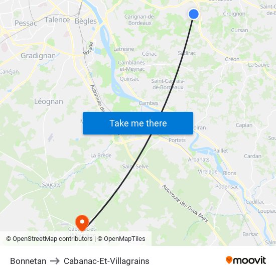 Bonnetan to Cabanac-Et-Villagrains map