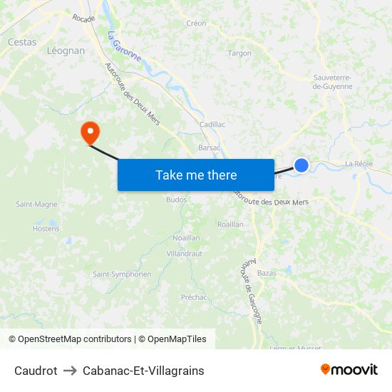Caudrot to Cabanac-Et-Villagrains map