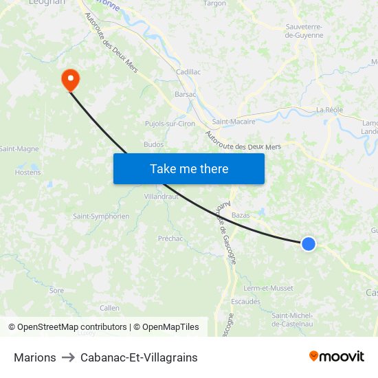 Marions to Cabanac-Et-Villagrains map