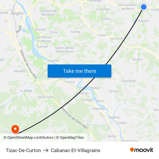 Tizac-De-Curton to Cabanac-Et-Villagrains map