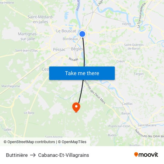 Buttinière to Cabanac-Et-Villagrains map