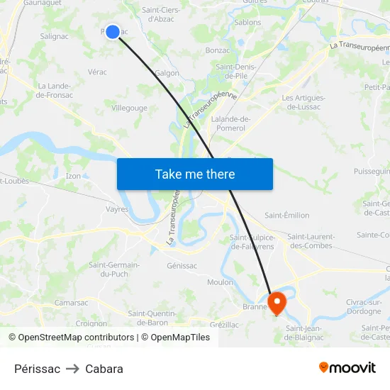 Périssac to Cabara map