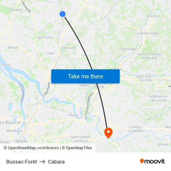 Bussac-Forêt to Cabara map