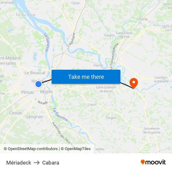 Mériadeck to Cabara map