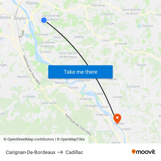 Carignan-De-Bordeaux to Cadillac map