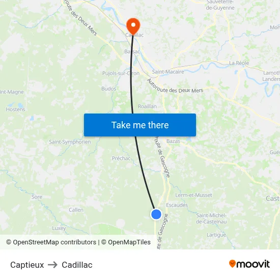 Captieux to Cadillac map