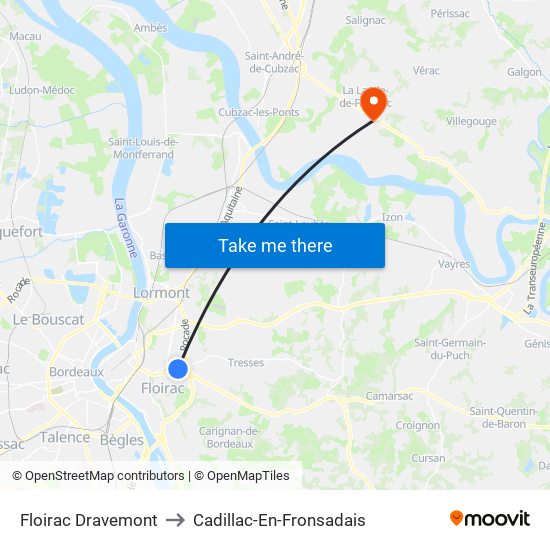 Floirac Dravemont to Cadillac-En-Fronsadais map