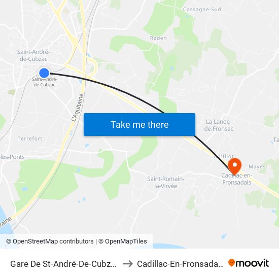Gare De St-André-De-Cubzac to Cadillac-En-Fronsadais map