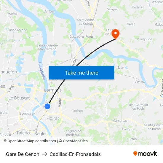 Gare De Cenon to Cadillac-En-Fronsadais map
