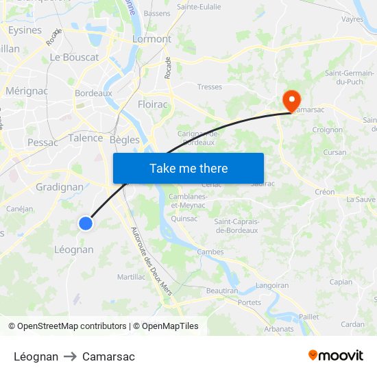 Léognan to Camarsac map