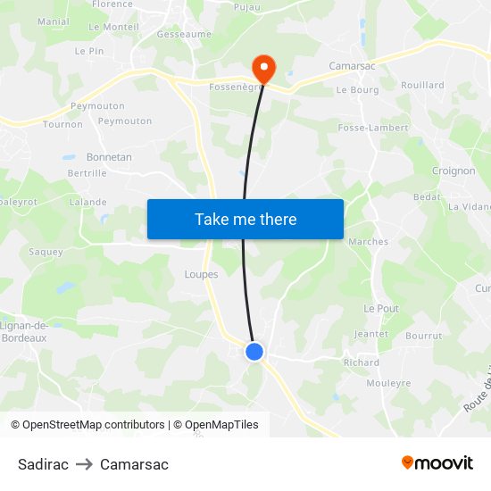Sadirac to Camarsac map